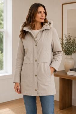 Chadwicks Beige Hooded Faux Fur Trim Winter Coat Medium